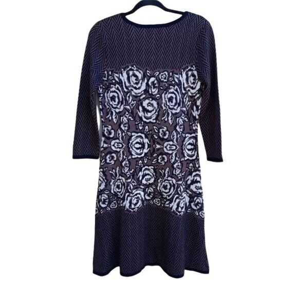 Nine West Knit Long Sleeve Scoop Neck Aline Sweater Dress Herringbone Rosette S - Picture 9 of 11